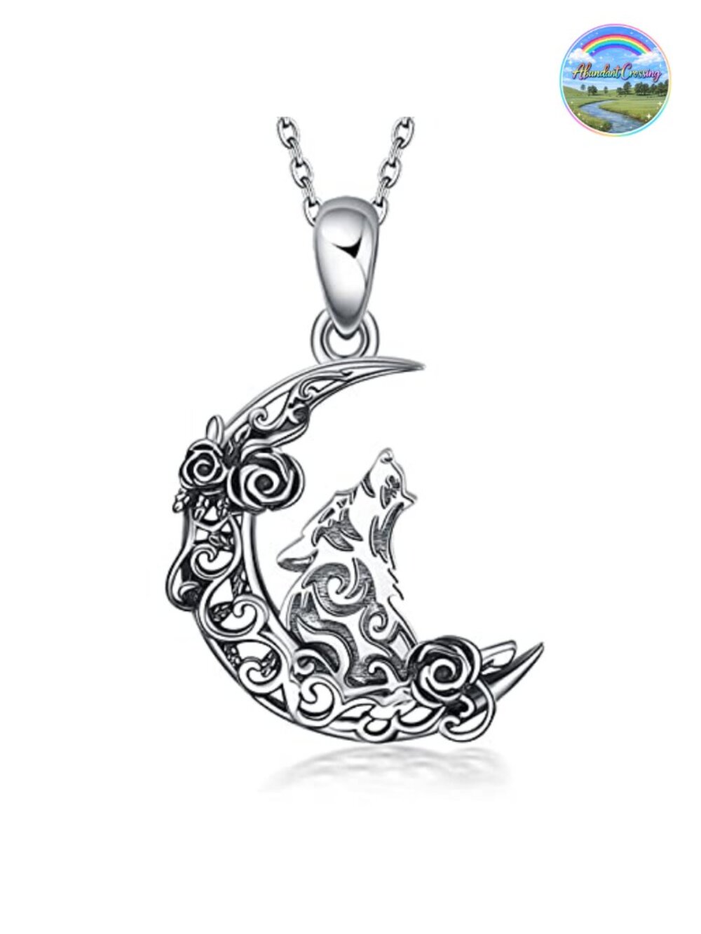 Sterling Silver Wolf Crescent Moon Pendant Necklace Celtic Knot Irish Jewelry